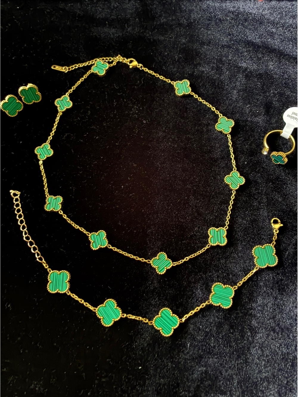 New 5pc Green Clover Jewelry Set - Multi-Clover Necklace, Bracelet & Ring Set